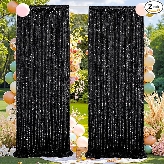 Black Sequin Backdrop Curtains 2Panel 2x8ft by FYLEDAEETABLECLOTHS
