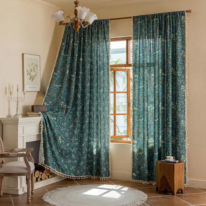 Floral Rod Pocket Semi Sheer Living Room 2 Panel Curtains 84 Inches Long | - Image 7