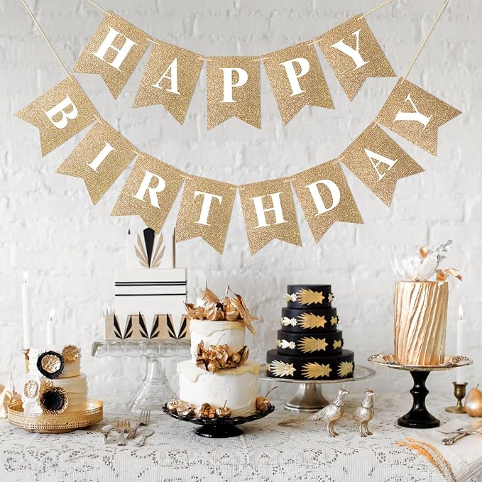 Pre-Strung Gold Happy Birthday Banner Glitter Birthday Party Banner NO DIY | - Image 5