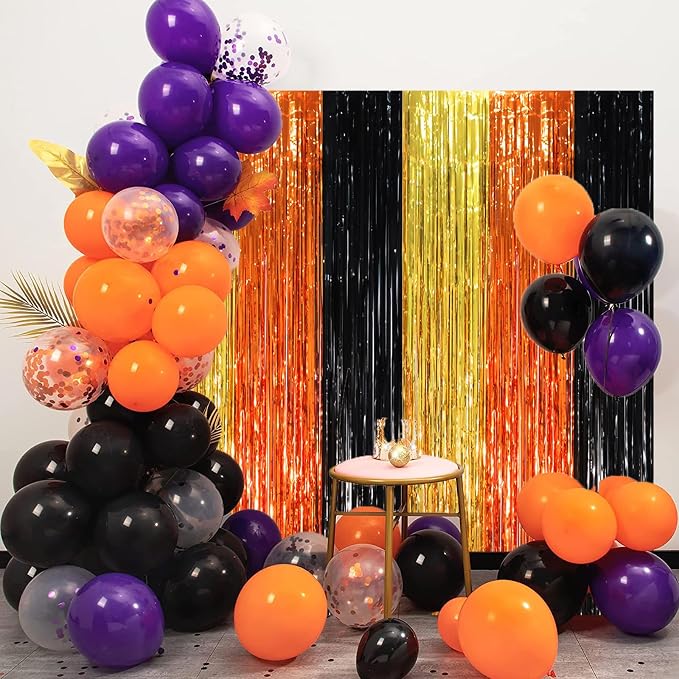 Voircoloria Black Gold Orange Fringe Backdrop Curtains, 2 Pack | Tinsel - Image 7