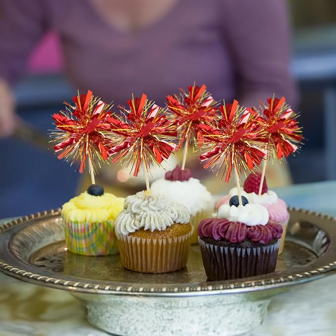 Gyufise 30Pcs Foil Firework Cupcake Toppers Sparkle Tinsel Cake Toppers Tinsel - Image 5