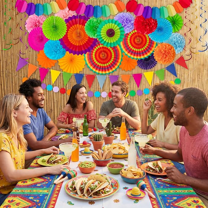 35PCS Fiesta Paper Fan Party Decorations Set | Cinco De Mayo Pom Poms, - Image 5