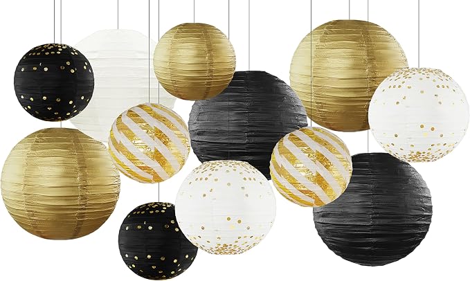 12PCS Black Gold Hanging Paper Lanterns Graduation Party Decor | Black and Gold - Image 2