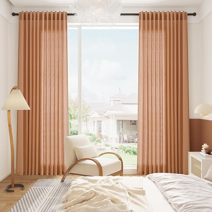 Peach Quartz Linen Curtains 120 Inch Length 2 Panel Set Back Tab Loop Pocket - Image 8