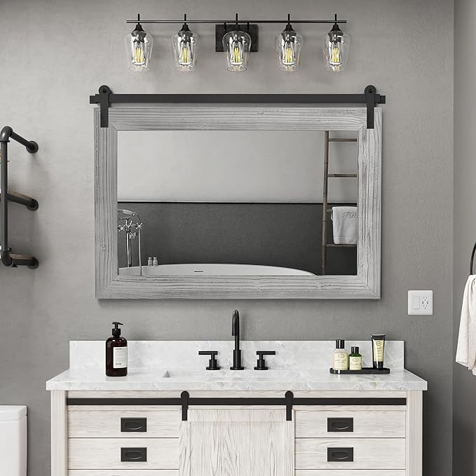 COGOOD Farmhouse Bathroom Mirror - 41" x 30" Rustic Barn Door Mirror for Living Room, Entryway, Bedroom, Vanity Wall Decor (Grey)