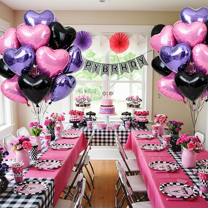 TONIFUL 15 Pcs 18 Inch Pink Black Purple Heart Shape Foil Mylar Balloons | - Image 3