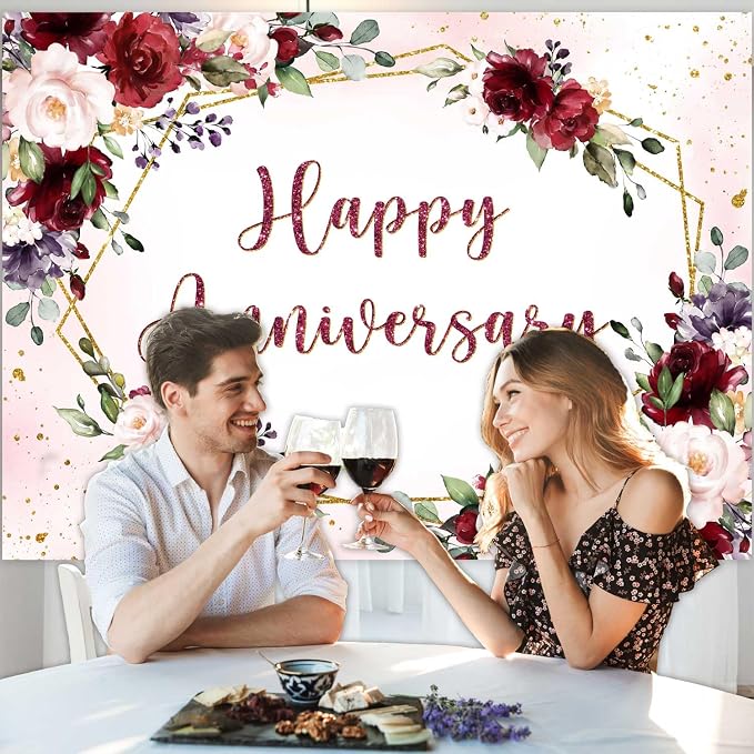 Sensfun Happy Anniversary Backdrop Banner Burgundy Pink Flower Wedding - Image 4