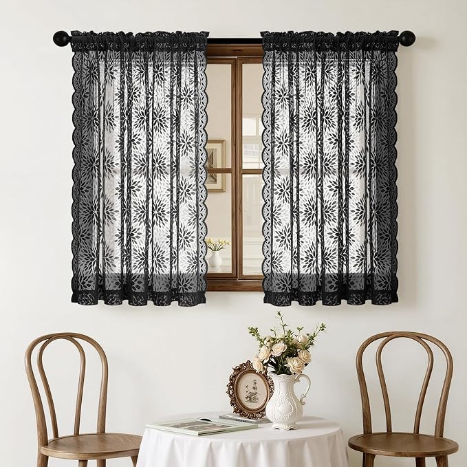 MIULEE Black Floral Lace Curtains 2 Panels, Gothic Vintage Rod Pocket Window - Image 7