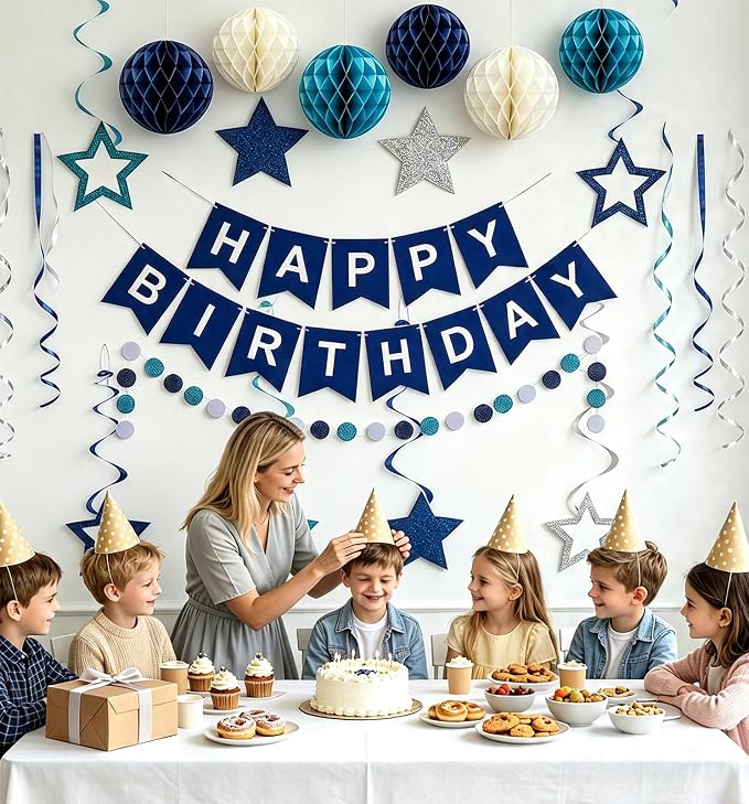 Blue Birthday Decorations for Men | Pre-Strung Happy Birthday Banner - Image 3