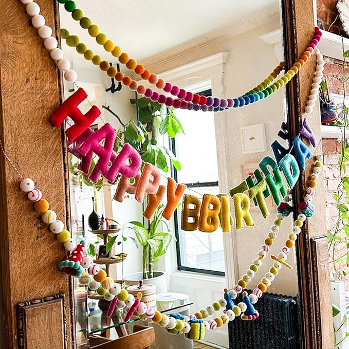 Pre-Strung Birthday Banner Handmade 3D Rainbow Wool Felt Balls Garland | - Image 3