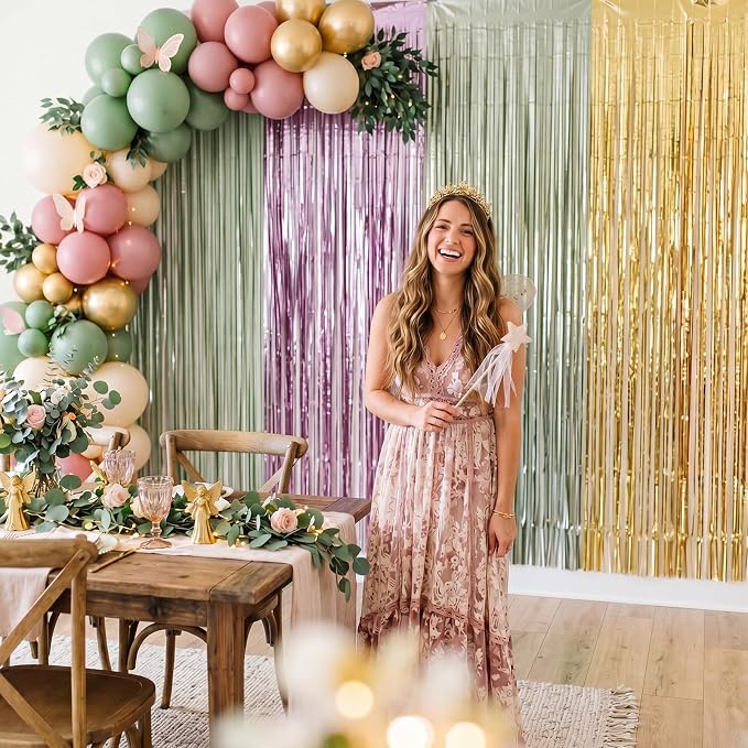 Frienda 4pcs Sage Green and Pink Party Decorations 6.6ft Fringe Curtains - Image 5