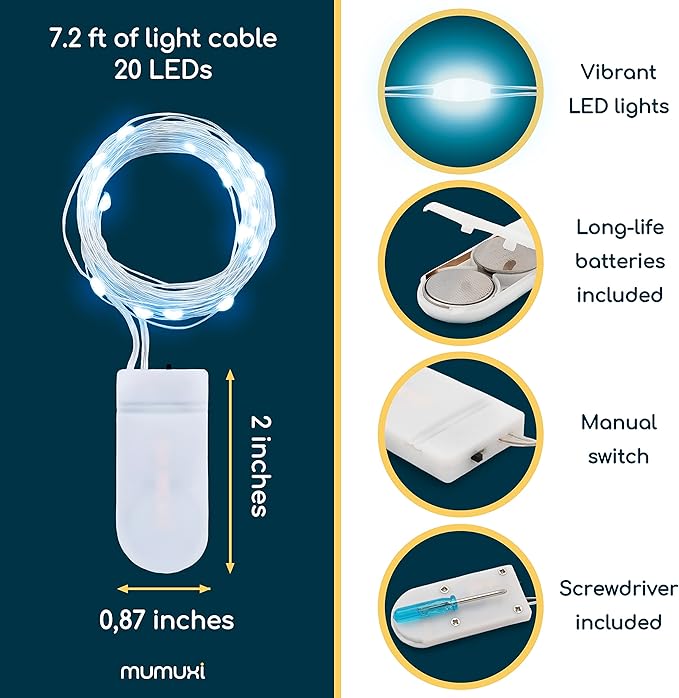 MUMUXI 20 Pack 3.3ft Fairy Lights Battery Operated String Lights, Mini White LED Powered, Waterproof, Silver Wire Firefly Mason Jar for Home, Party, Wedding Decorations, Cool White