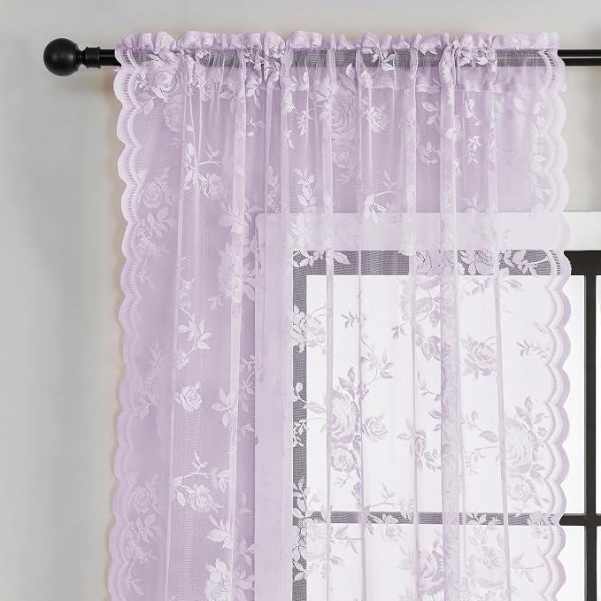 Lilac Purple Lace Curtains 63 Inch Length 2 Panels set Romantic Violet Flower - Image 4