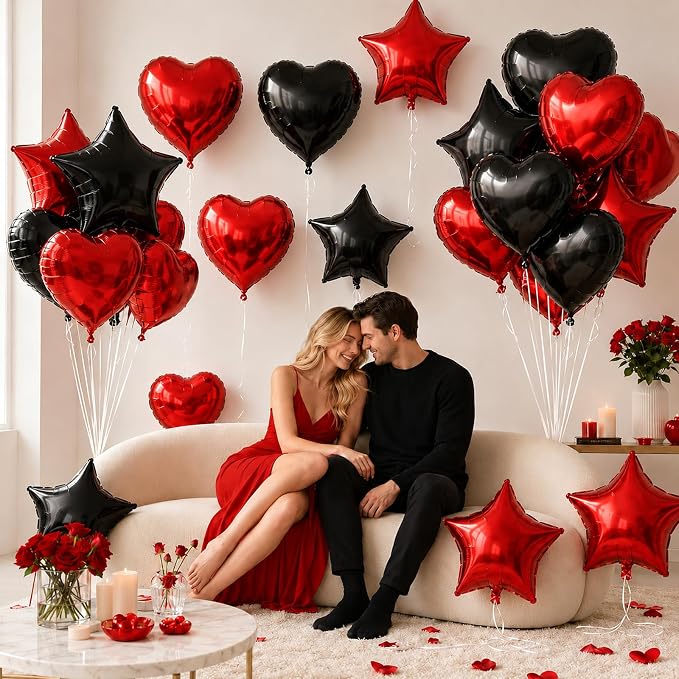 TONIFUL 18 Inch Black Red Star and Heart Foil Balloons - Image 5