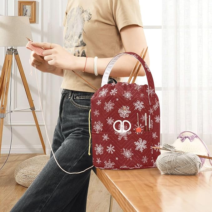 Red Christmas Snowflake Yarn Bag Small Crochet Bag Drawstring Yarn Storage - Image 6