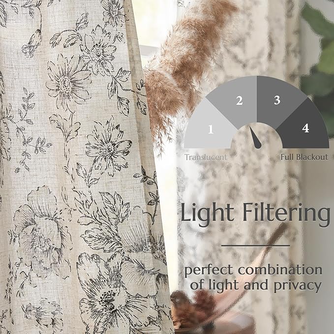 jinchan Floral Linen Curtains Lined 108 Inch Farmhouse Back Tab 2 Panels | - Image 4