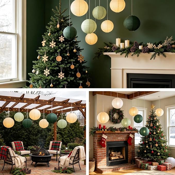 Boho Chinese Paper Lanterns LED Lights, Sage & Forest Green - Image 4