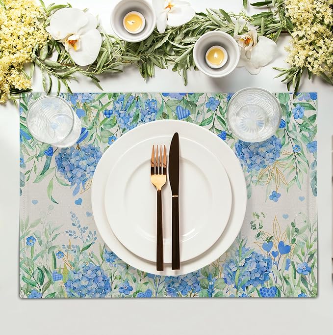 Hydrangea Spring Summer Placemats Set of 4 Sage Green Eucalyptus Leaves Blue - Image 3