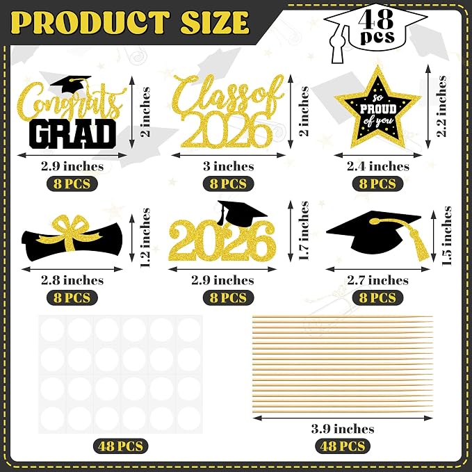 48 PCS Graduation Cupcake Toppers, 6 Styles Congrats Grad Cake Topper, Glittery - Image 2