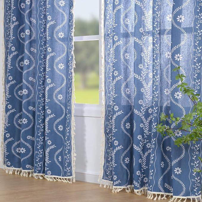 Schweek Blue Floral Curtains 63 Inches 2 Panels Length - Image 2