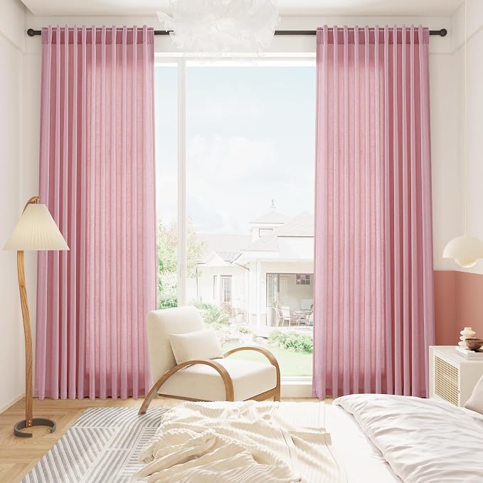 Rose Linen Curtains 102 Inches Long 2 Panel Set Back Tab Rod Pocket Semi Sheer - Image 8