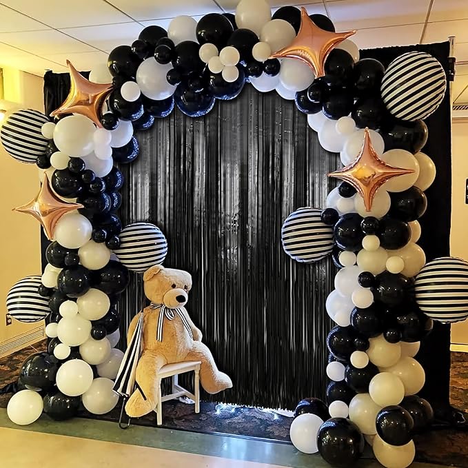 Crosize 4 Pack 3.3 x 9.9 ft Black Foil Fringe Backdrop Curtain, Streamer Backdrop Curtains, Streamers Birthday Party Decorations, Tinsel Curtain for Parties, Photo Booth Backdrops, Party Décor