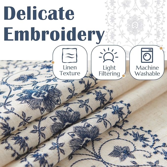 jinchan Floral Linen Curtains Embroidered Back Tab 50x108in 2 Panels Blue | - Image 4