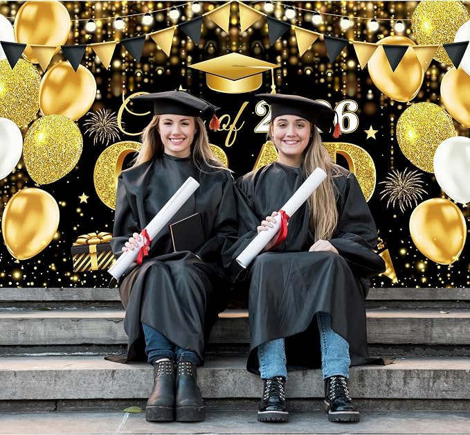 2026 Graduation Decorations Banner Black Gold Class of 2026 Grad Banner - Image 3