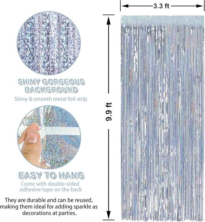 Crosize 2 Pack Laser Silver Party Streamers Backdrop, 3.3 x 9.9 ft | Foil - Image 2