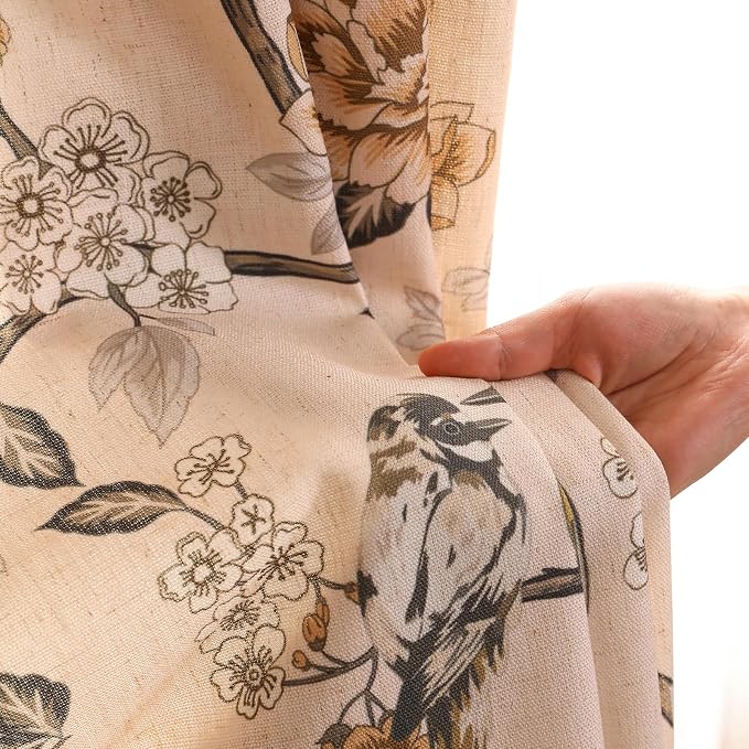 Designer French Linen Printed Curtains, 2 Panels, Bird and Flowers Pattern Draps - Image 3
