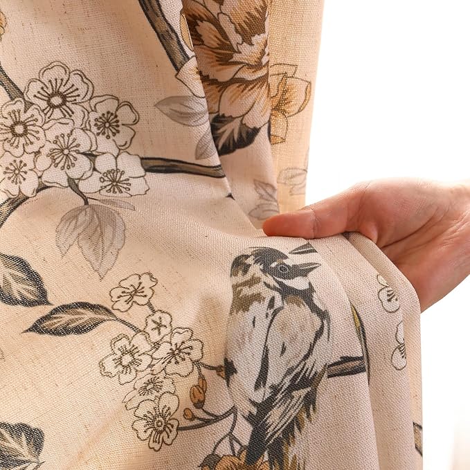 Designer French Linen Printed Curtains, 2 Panels, Bird and Flowers Pattern Draps - Image 3