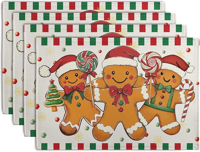 Gingerbread Man Christmas Placemats Set of 4 Candy Cane Xmas Seasonal Holiday by Wnoesat