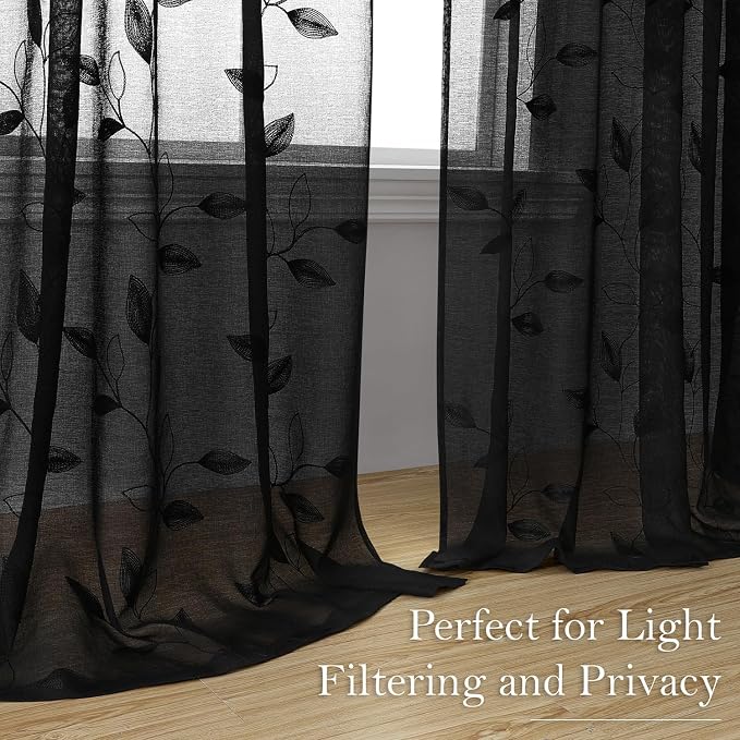 HOMEIDEAS Black Sheer Curtains 52 X 84 Inches Length 2 Panels Black Embroidered - Image 7