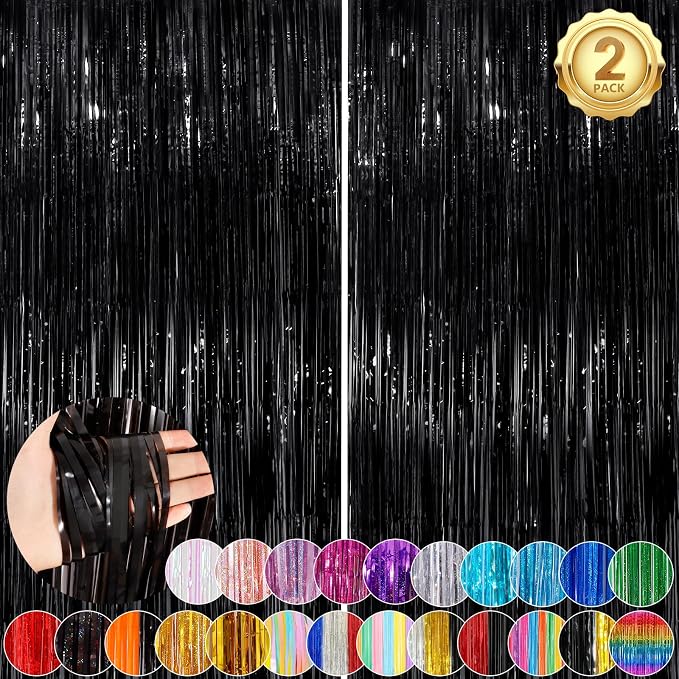 Black Fringe Curtain Party Streamers 2Pack 3.3x8.3 Ft Foil Fringe Backdrop by UWPVOWSR
