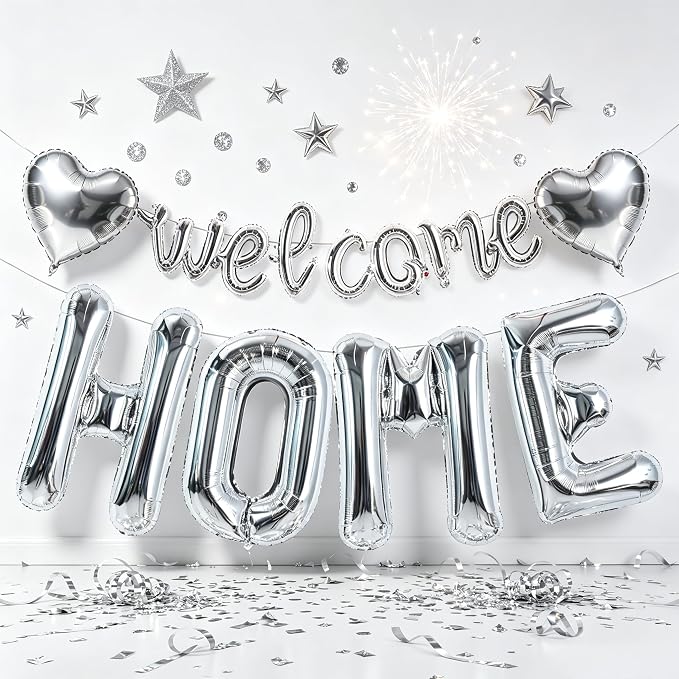 TONIFUL 2 Size Silver WELCOME HOME Foil Balloons Banner Letter Decorations | by TONIFUL