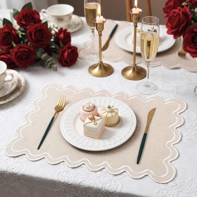 Linen Placemats Set of 12 Scalloped Placemat 13 X19 Wavy Embroidery Double - Image 4