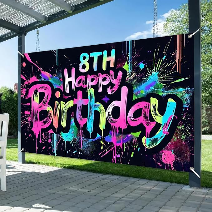 HOMETITUTE Neon 8th Happy Birthday Banner 71x43 Inch Birthday Backdrop | Glow - Image 2