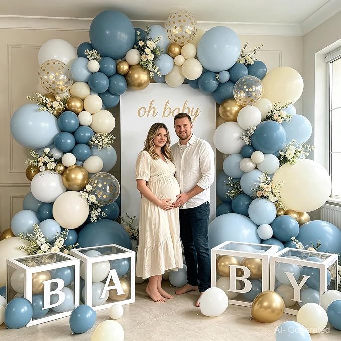 Dusty Blue Gold Balloon Arch Kit, Baby Boxes, Baby Shower Decorations Boy | - Image 4