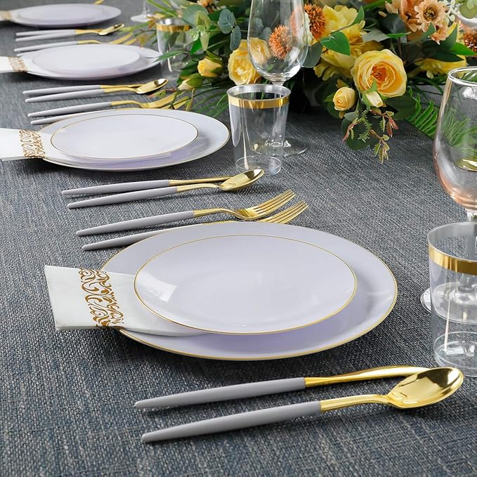 Supernal 350pcs Gold Plastic Dinnerware Set for 50 Guests,Fancy Disposable Plates for Party,Gold Plastic Silverware with White Handle,Disposable White Plates Wedding,Birthday