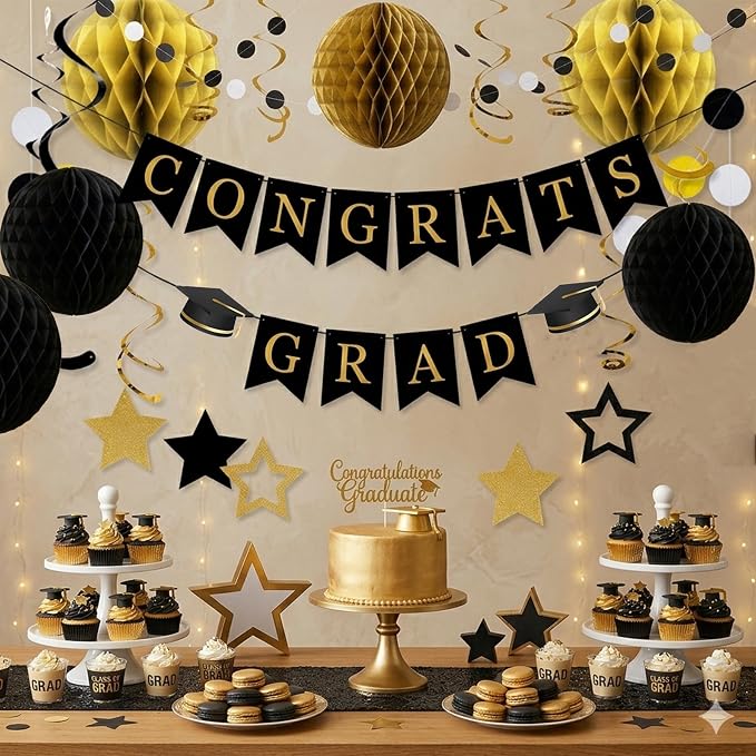Graduation Decorations 2026-17Pcs Black and Gold Graduation Party Supplies - Image 6