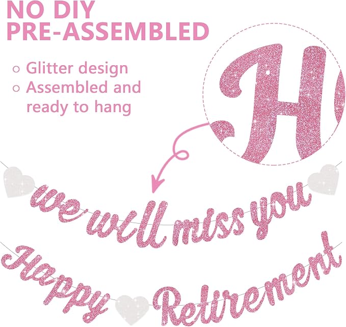 Glitter Pink Happy Retirement We Will Missed You Banner Pre-Strung Retirement - Image 2
