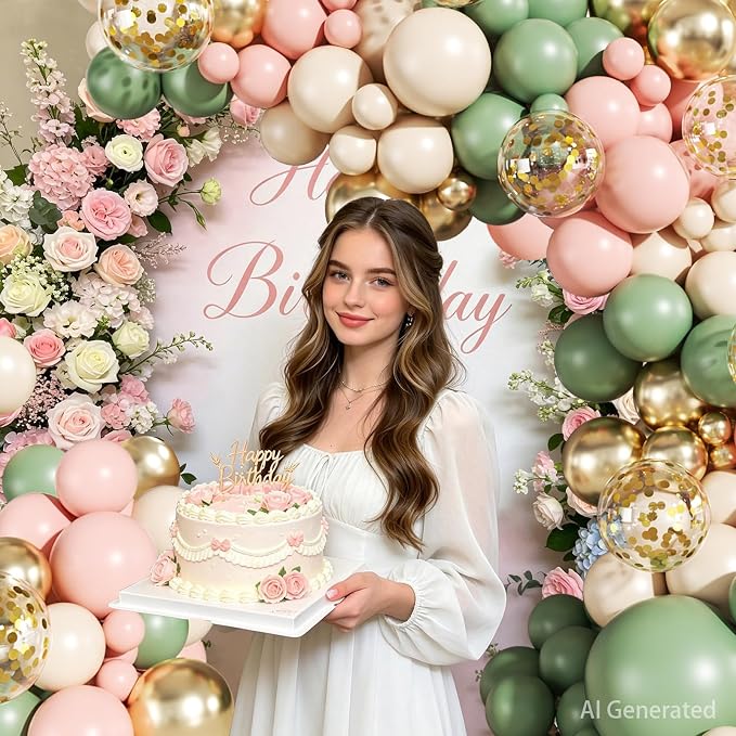 Sage Green Pink Gold Balloons Arch Kit - Image 3