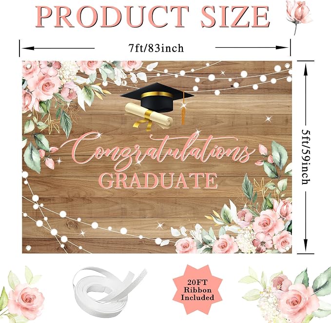 7 x 5 ft Rustic Wood Graduation Banner Congratulations Graduate Party - Image 2