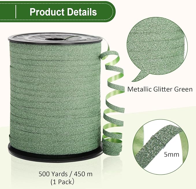 Green Ribbon 500 Yard, Glitter Green Curling Ribbon, Shiny Metallic Curling - Image 5