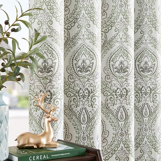 jinchan Sage Green Blackout Curtains 84 Inch Damask Grommet 2 Panels | Room - Image 2