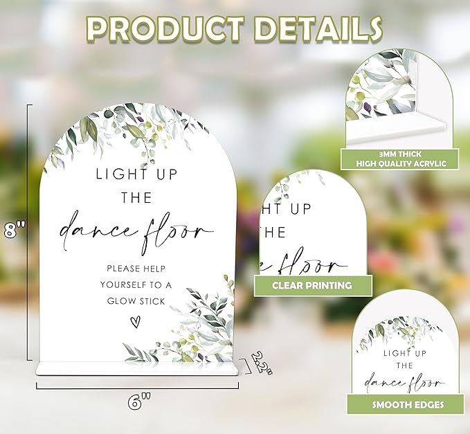 Greenery Glow Stick Sign, 6 x 8 Inch White Arch Acrylic Wedding Sign with Holder, Wedding Sign for Ceremony and Reception, Wedding Decoration, Wedding Supplies - LY22