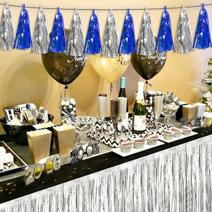 3P Navy-Blue Silver Tassel Banner Garland Metallic Foil Fringe Banner Tinsel - Image 5