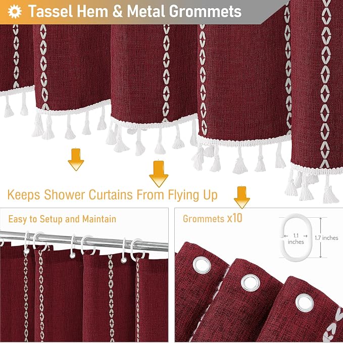 60x72 Boho Farmhouse Linen Heavy Duty Shower Curtain Set, Burgundy | Narrow Size - Image 5