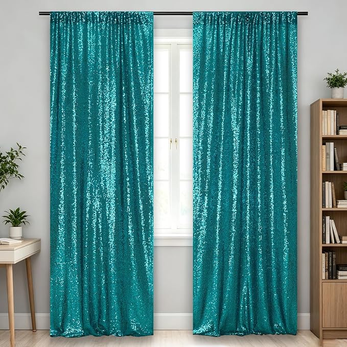 Eternal Beauty Teal Sequin Backdrop Curtains, 2 Panels 2x8FT | 3mm Sparkle - Image 4