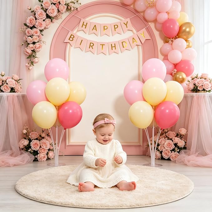 4 Set Pink Yellow White Balloon Stand Centerpiece Table Decorations | Birthday - Image 2